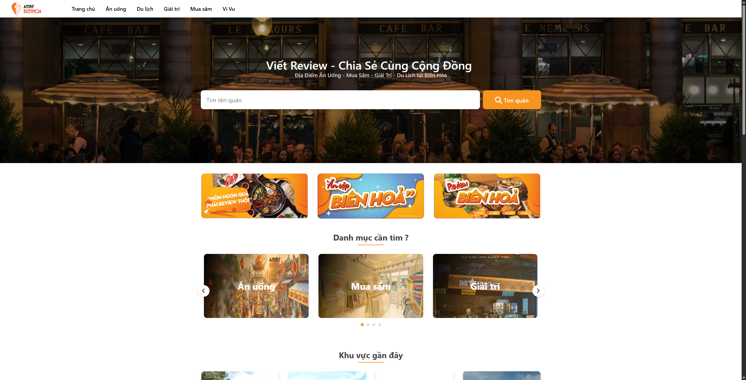 Ăn Sập Biên Hòa homepage showing categories, nearby areas and featured local places