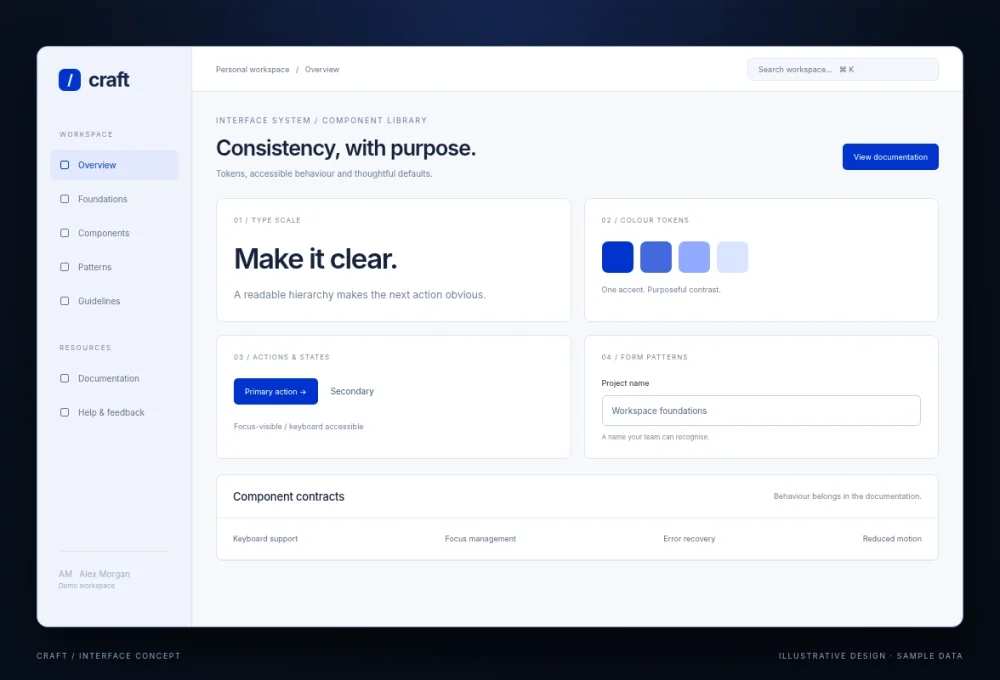 Craft / Interface system / overview - illustrative interface with sample data