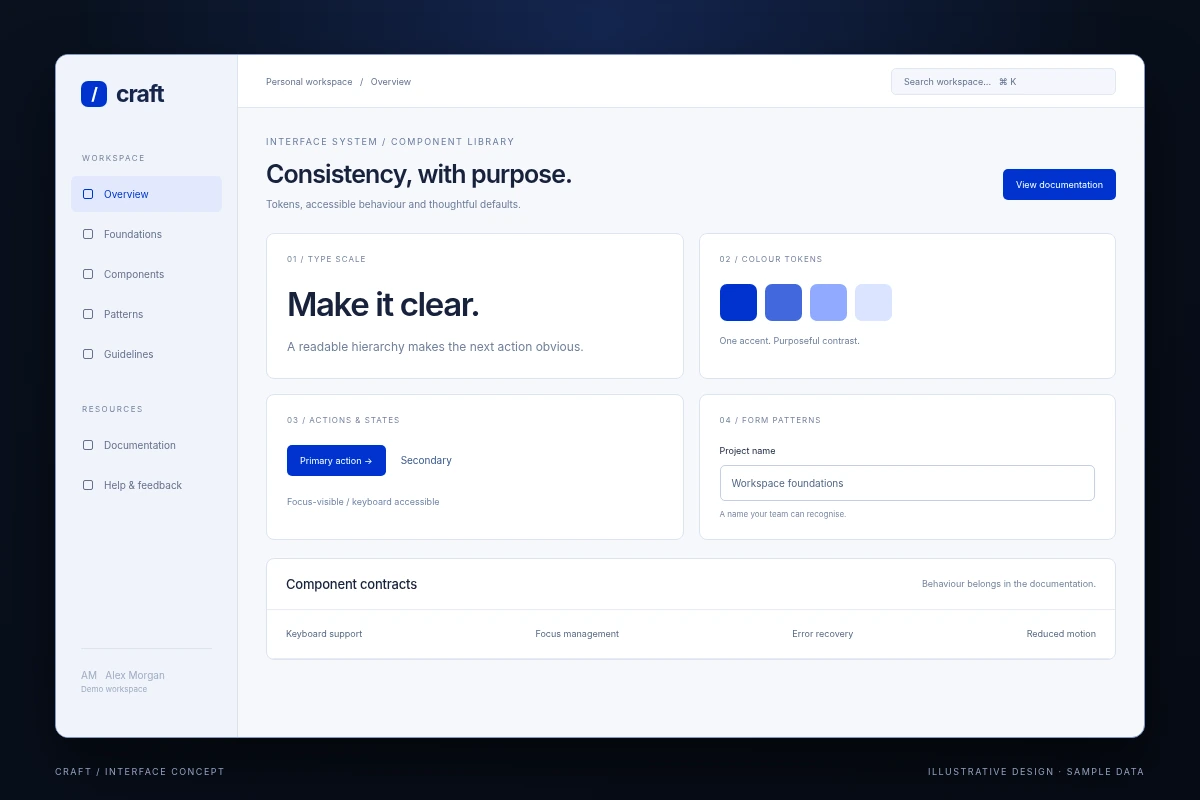 Craft / Interface system / overview - illustrative interface with sample data