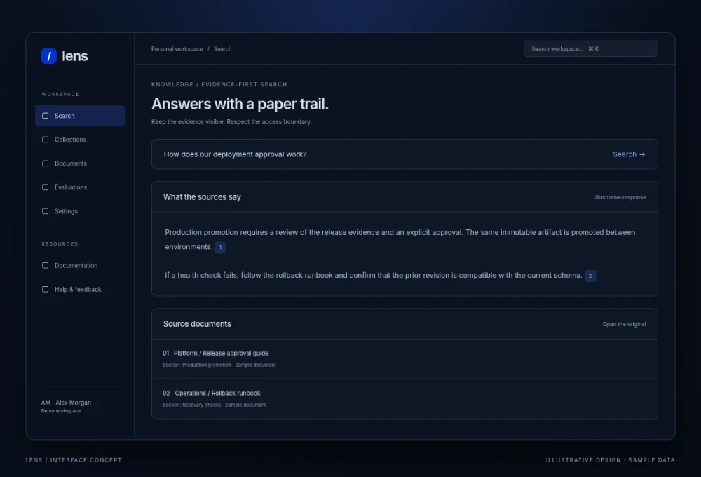 Lens / Knowledge search / overview - illustrative interface with sample data