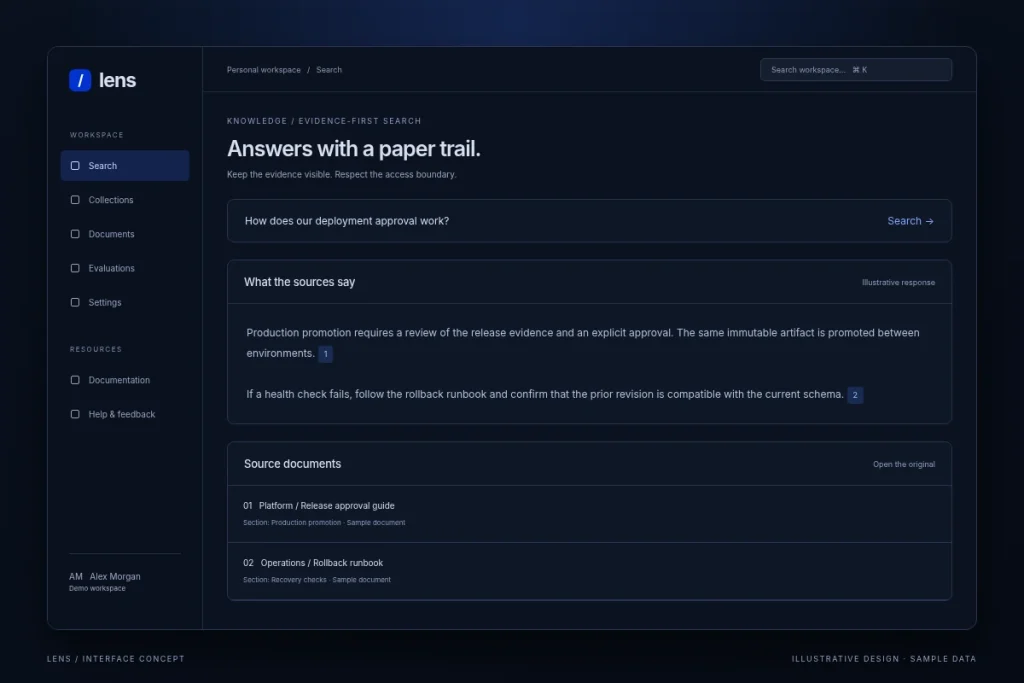 Lens / Knowledge search / overview - illustrative interface with sample data