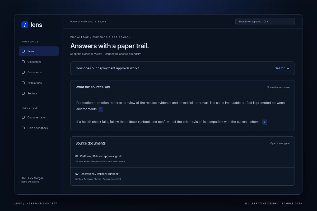 Lens / Knowledge search / overview - illustrative interface with sample data