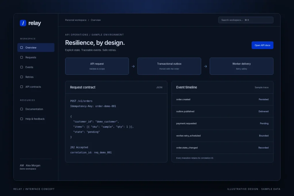 Relay / Event-driven API / overview - illustrative interface with sample data