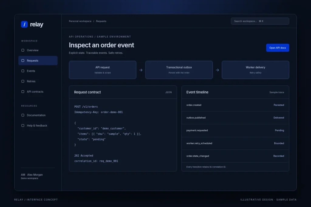 Relay / Event-driven API / screen 1 - illustrative interface with sample data